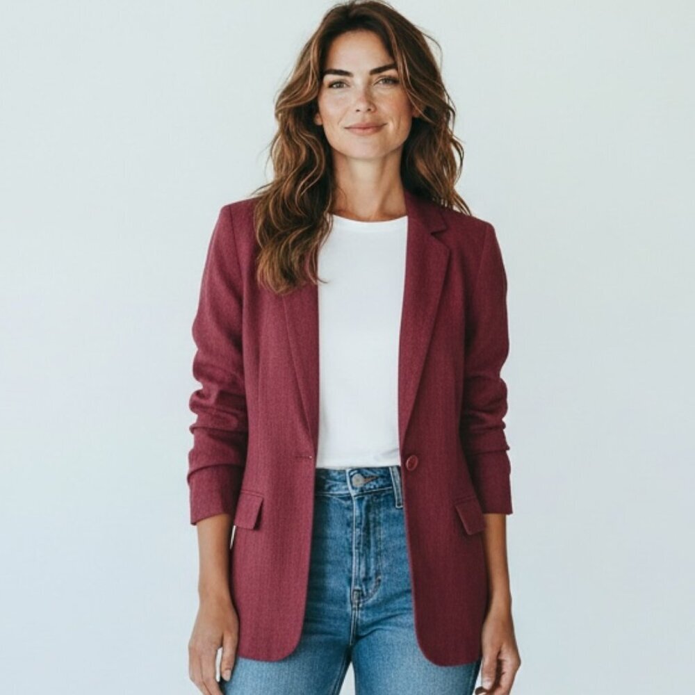 IC Collection USA Silk 2-Button Blazer S/M Burgundy #248B‎